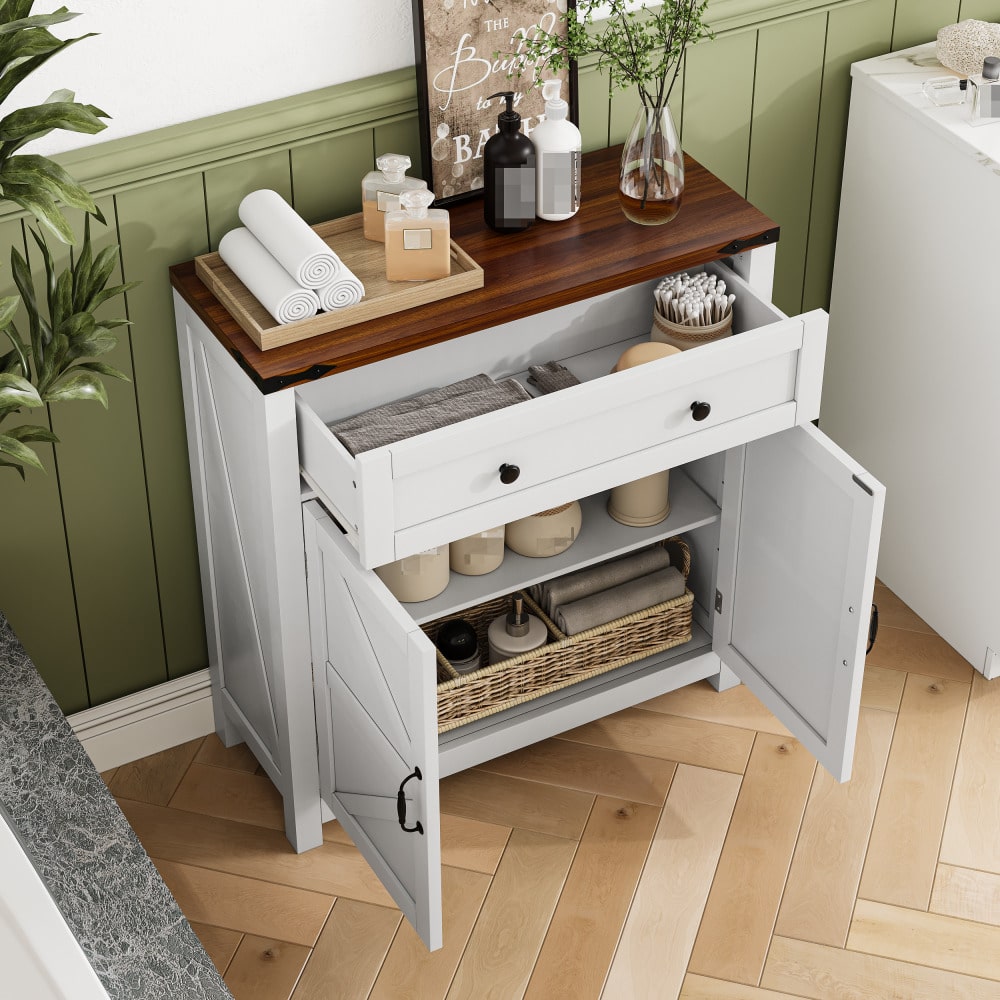 Bauernhaus-Aufbewahrungsschränke mit Schubladen und verstellbaren Regalen, weiße Küchenschränke mit Walnuss-Arbeitsplatten, moderne Kaffeebar-Konsolenschränke für Küche, Esszimmer, Badezimmer, Eingang