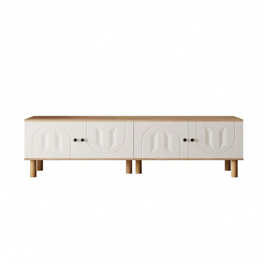 Wohnwand, 3-tlg ., best. aus: Highboard, Schränke, Wandboard. Weiße und hölzerne, geschnitzte Türpaneele.