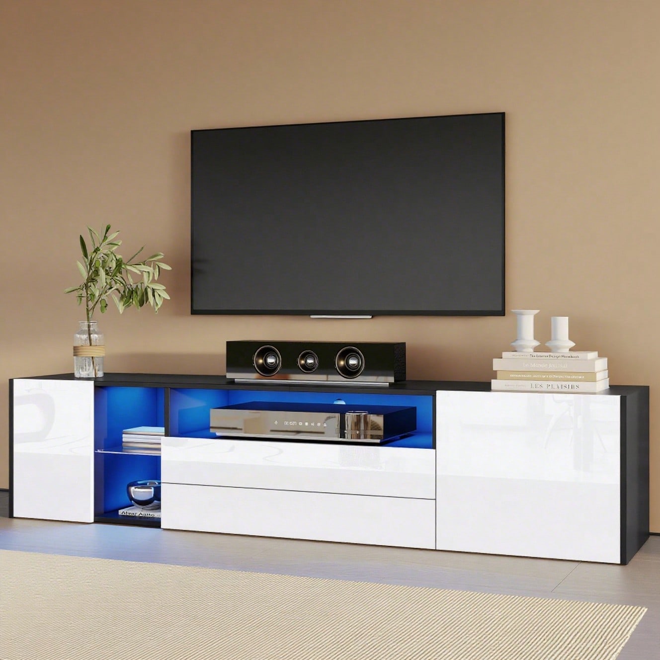 180 x 40 x 45 cm TV-Standschrank, Hochglanz-LED-Lowboard-TV-Schrank, TV-Ständer mit 2 Schubladen und 2 Schränken, geeignet für 75-Zoll-Fernseher, schwarz-weißer Spleiß-TV-Schrank