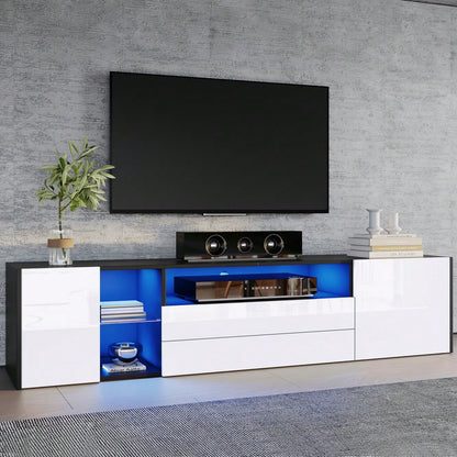 180 x 40 x 45 cm TV-Standschrank, Hochglanz-LED-Lowboard-TV-Schrank, TV-Ständer mit 2 Schubladen und 2 Schränken, geeignet für 75-Zoll-Fernseher, schwarz-weißer Spleiß-TV-Schrank