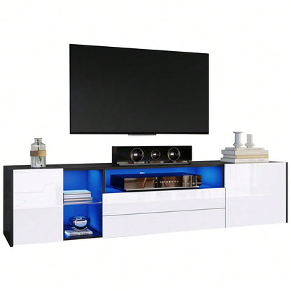 180 x 40 x 45 cm TV-Standschrank, Hochglanz-LED-Lowboard-TV-Schrank, TV-Ständer mit 2 Schubladen und 2 Schränken, geeignet für 75-Zoll-Fernseher, schwarz-weißer Spleiß-TV-Schrank