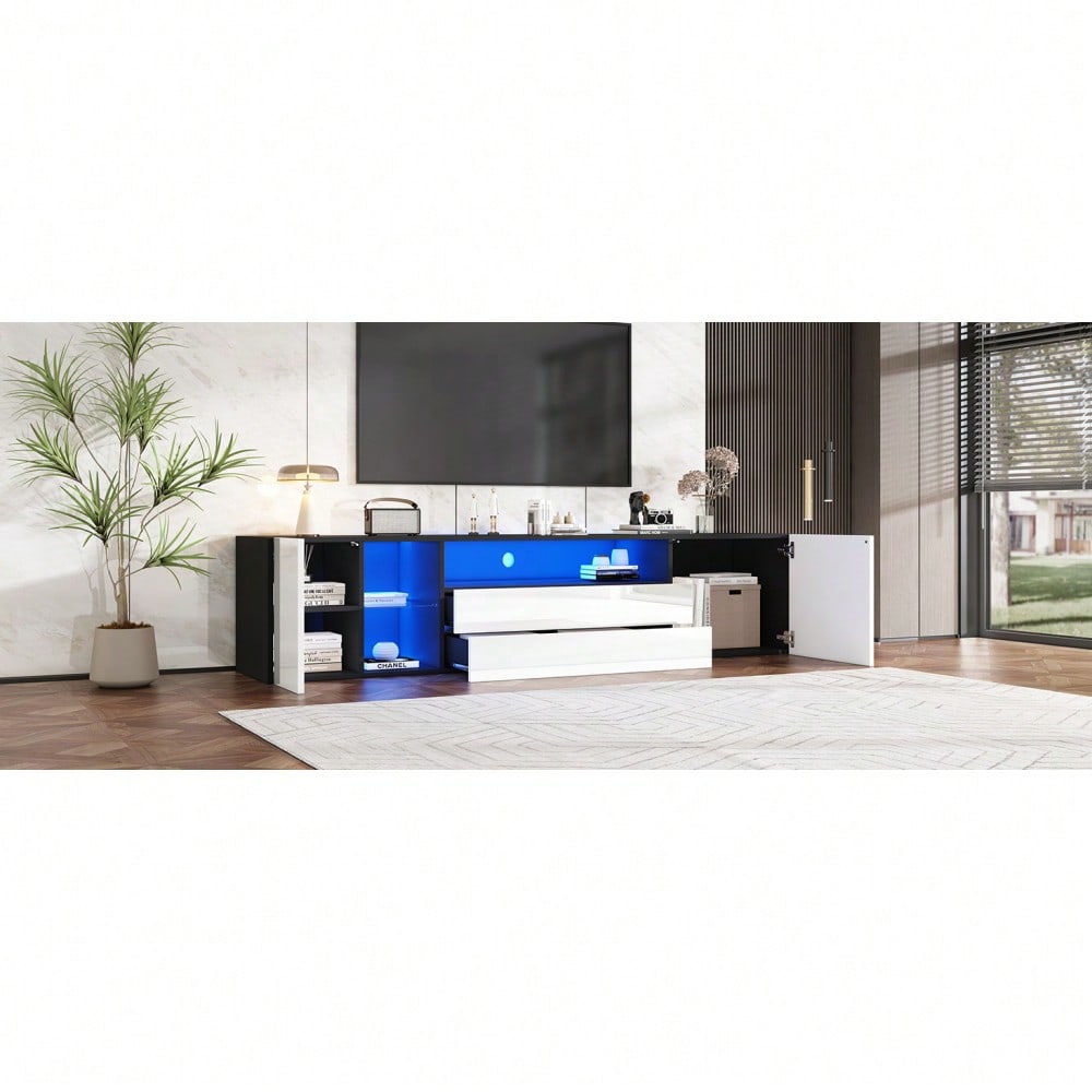 180 x 40 x 45 cm TV-Standschrank, Hochglanz-LED-Lowboard-TV-Schrank, TV-Ständer mit 2 Schubladen und 2 Schränken, geeignet für 75-Zoll-Fernseher, schwarz-weißer Spleiß-TV-Schrank