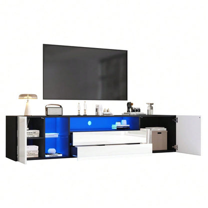 180 x 40 x 45 cm TV-Standschrank, Hochglanz-LED-Lowboard-TV-Schrank, TV-Ständer mit 2 Schubladen und 2 Schränken, geeignet für 75-Zoll-Fernseher, schwarz-weißer Spleiß-TV-Schrank