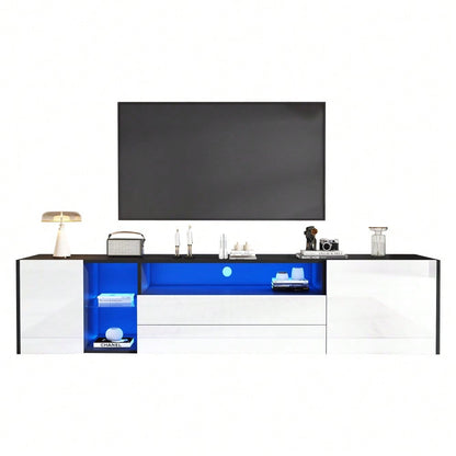 180 x 40 x 45 cm TV-Standschrank, Hochglanz-LED-Lowboard-TV-Schrank, TV-Ständer mit 2 Schubladen und 2 Schränken, geeignet für 75-Zoll-Fernseher, schwarz-weißer Spleiß-TV-Schrank