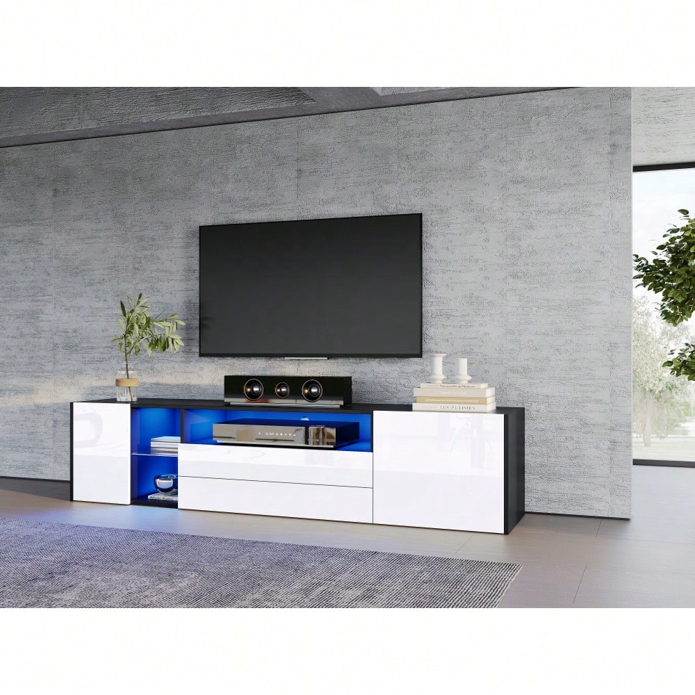 180 x 40 x 45 cm TV-Standschrank, Hochglanz-LED-Lowboard-TV-Schrank, TV-Ständer mit 2 Schubladen und 2 Schränken, geeignet für 75-Zoll-Fernseher, schwarz-weißer Spleiß-TV-Schrank