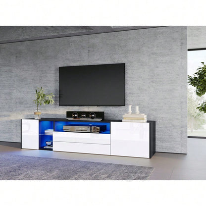 180 x 40 x 45 cm TV-Standschrank, Hochglanz-LED-Lowboard-TV-Schrank, TV-Ständer mit 2 Schubladen und 2 Schränken, geeignet für 75-Zoll-Fernseher, schwarz-weißer Spleiß-TV-Schrank