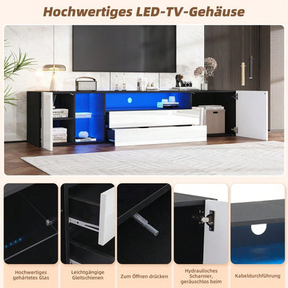 180 x 40 x 45 cm TV-Standschrank, Hochglanz-LED-Lowboard-TV-Schrank, TV-Ständer mit 2 Schubladen und 2 Schränken, geeignet für 75-Zoll-Fernseher, schwarz-weißer Spleiß-TV-Schrank