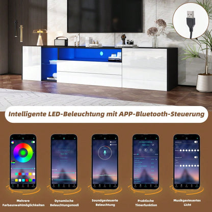 180 x 40 x 45 cm TV-Standschrank, Hochglanz-LED-Lowboard-TV-Schrank, TV-Ständer mit 2 Schubladen und 2 Schränken, geeignet für 75-Zoll-Fernseher, schwarz-weißer Spleiß-TV-Schrank