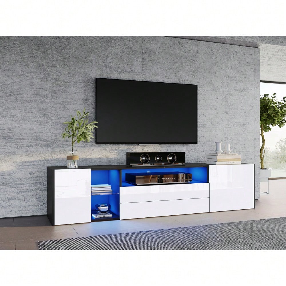 180 x 40 x 45 cm TV-Standschrank, Hochglanz-LED-Lowboard-TV-Schrank, TV-Ständer mit 2 Schubladen und 2 Schränken, geeignet für 75-Zoll-Fernseher, schwarz-weißer Spleiß-TV-Schrank