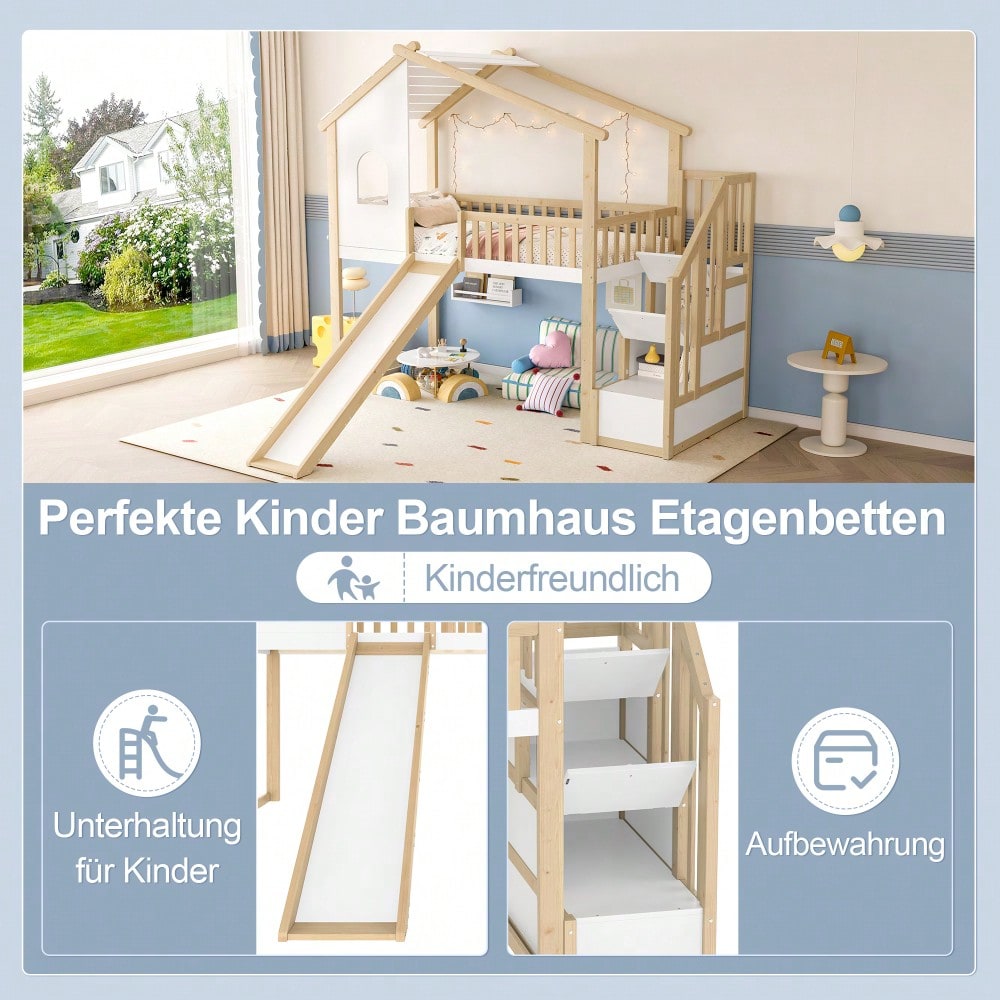 Hochbett, 90x200cm, Bettgitter, Stauraumleiter, Fenster, Rutsche,Hausleiste, Natur+  Weiß