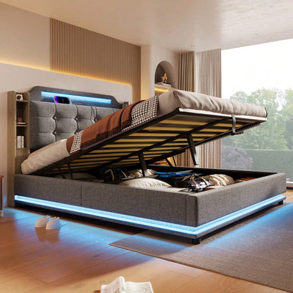 Polsterbett, 140*200cm , Mit LED-Lichtleiste, hydraulischer Stauraum, mehrere Ablagefächer, ohne Matratze, USB + TYPE-C, Leinen, Grau