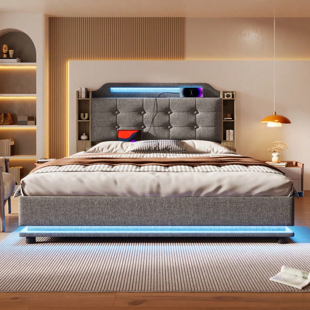 Polsterbett, 140*200cm , Mit LED-Lichtleiste, hydraulischer Stauraum, mehrere Ablagefächer, ohne Matratze, USB + TYPE-C, Leinen, Grau