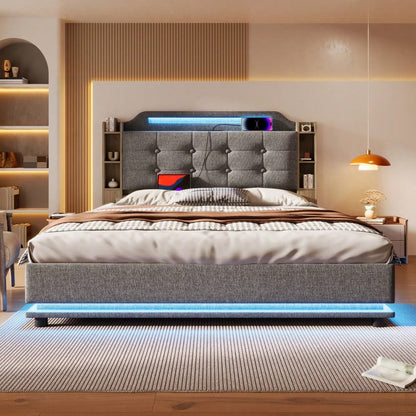 Polsterbett, 140*200cm , Mit LED-Lichtleiste, hydraulischer Stauraum, mehrere Ablagefächer, ohne Matratze, USB + TYPE-C, Leinen, Grau