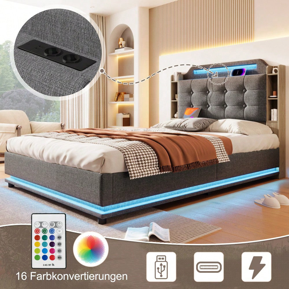 Polsterbett, 140*200cm , Mit LED-Lichtleiste, hydraulischer Stauraum, mehrere Ablagefächer, ohne Matratze, USB + TYPE-C, Leinen, Grau