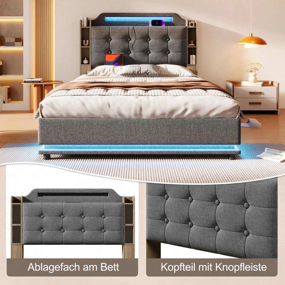 Polsterbett, 140*200cm , Mit LED-Lichtleiste, hydraulischer Stauraum, mehrere Ablagefächer, ohne Matratze, USB + TYPE-C, Leinen, Grau