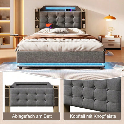 Polsterbett, 140*200cm , Mit LED-Lichtleiste, hydraulischer Stauraum, mehrere Ablagefächer, ohne Matratze, USB + TYPE-C, Leinen, Grau