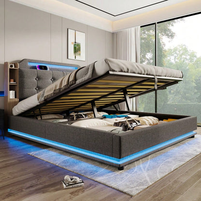 Polsterbett, 140*200cm , Mit LED-Lichtleiste, hydraulischer Stauraum, mehrere Ablagefächer, ohne Matratze, USB + TYPE-C, Leinen, Grau