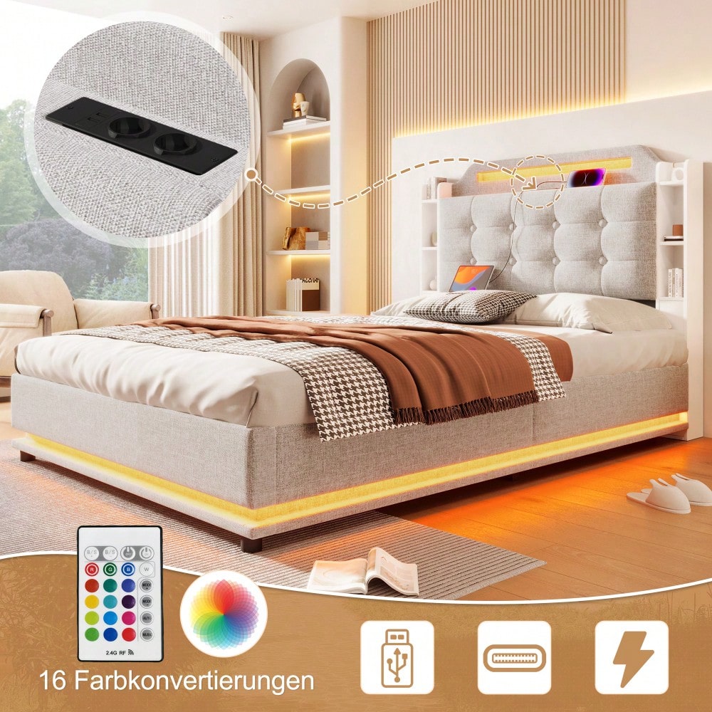 Polsterbett, 140*200cm , Mit LED-Lichtleiste, hydraulischer Stauraum, mehrere Ablagefächer, ohne Matratze, USB + TYPE-C, Leinen, Beige