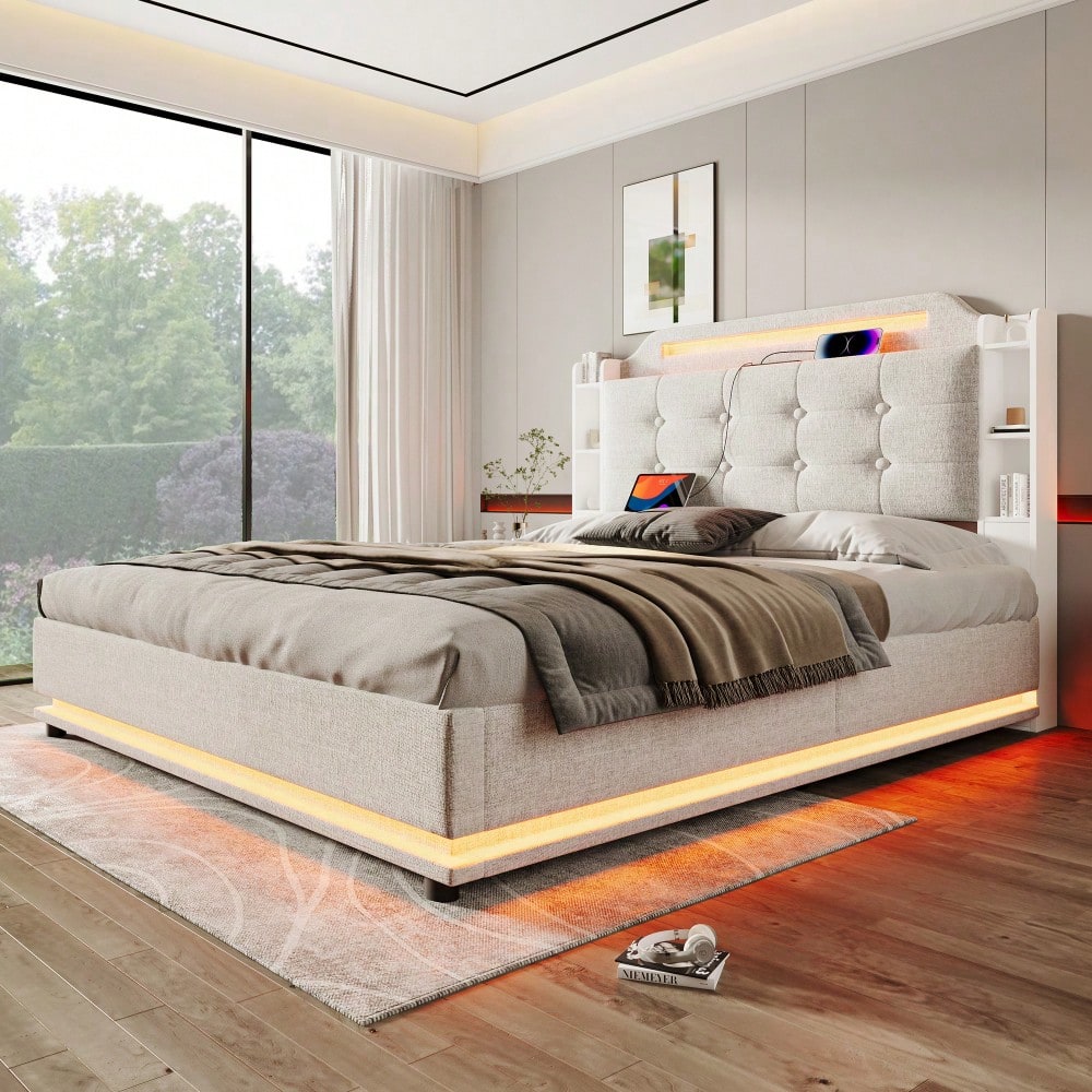 Polsterbett, 140*200cm , Mit LED-Lichtleiste, hydraulischer Stauraum, mehrere Ablagefächer, ohne Matratze, USB + TYPE-C, Leinen, Beige