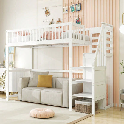 Hochbett 90x200 mit Treppe, weißes Kinderbett aus Holz mit Aufbewahrungsregal, einfacher Kleiderschrank