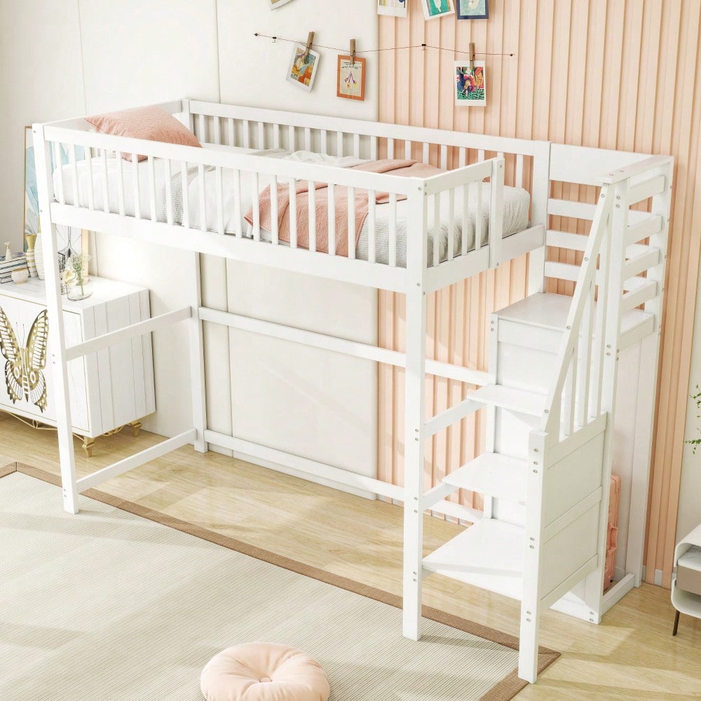 Hochbett 90x200 mit Treppe, weißes Kinderbett aus Holz mit Aufbewahrungsregal, einfacher Kleiderschrank