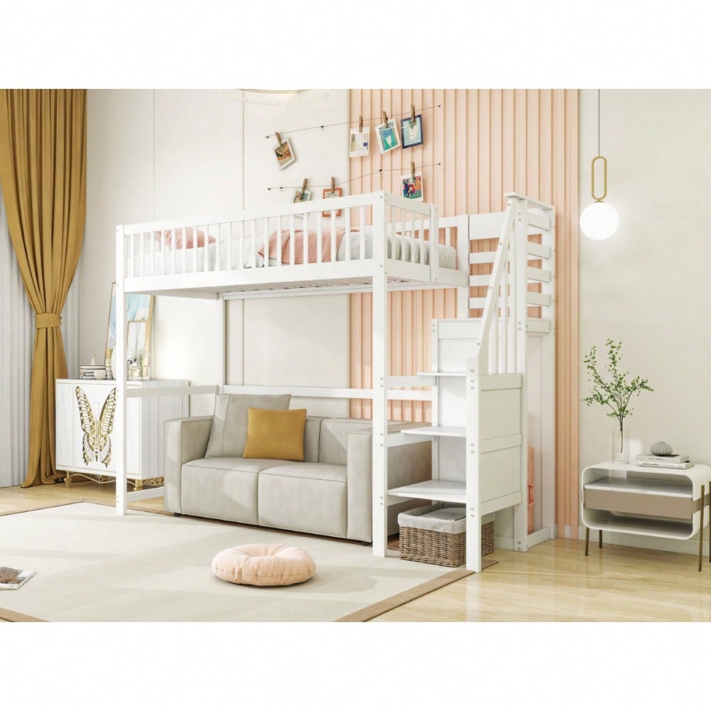 Hochbett 90x200 mit Treppe, weißes Kinderbett aus Holz mit Aufbewahrungsregal, einfacher Kleiderschrank