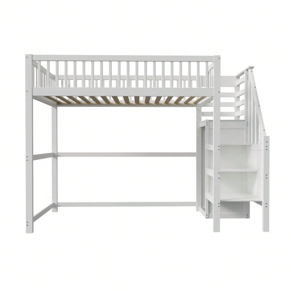 Hochbett 90x200 mit Treppe, weißes Kinderbett aus Holz mit Aufbewahrungsregal, einfacher Kleiderschrank