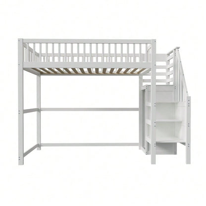 Hochbett 90x200 mit Treppe, weißes Kinderbett aus Holz mit Aufbewahrungsregal, einfacher Kleiderschrank
