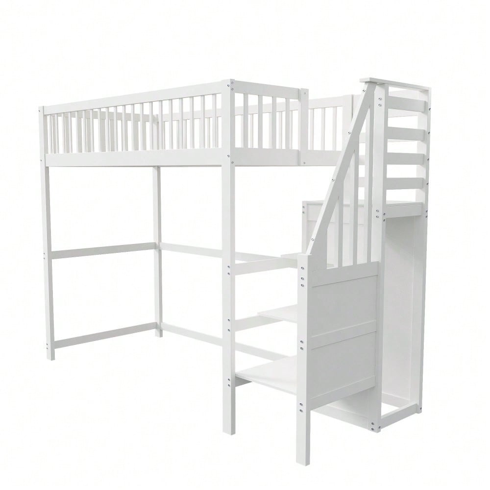 Hochbett 90x200 mit Treppe, weißes Kinderbett aus Holz mit Aufbewahrungsregal, einfacher Kleiderschrank