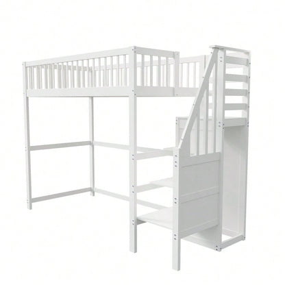 Hochbett 90x200 mit Treppe, weißes Kinderbett aus Holz mit Aufbewahrungsregal, einfacher Kleiderschrank