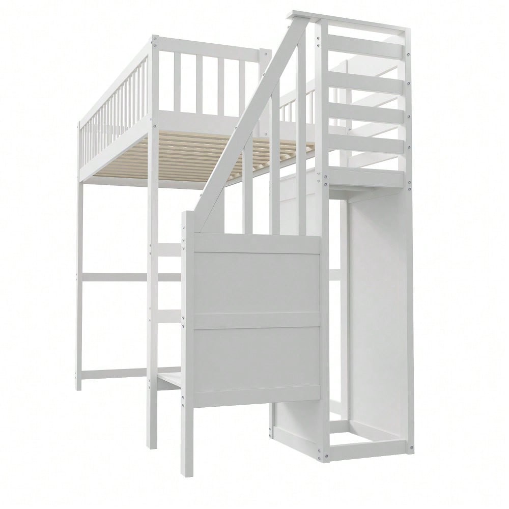 Hochbett 90x200 mit Treppe, weißes Kinderbett aus Holz mit Aufbewahrungsregal, einfacher Kleiderschrank