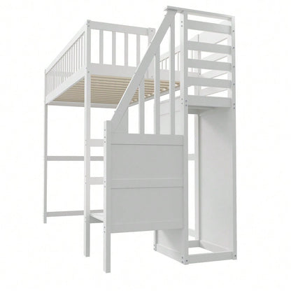 Hochbett 90x200 mit Treppe, weißes Kinderbett aus Holz mit Aufbewahrungsregal, einfacher Kleiderschrank
