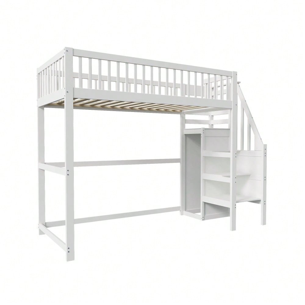 Hochbett 90x200 mit Treppe, weißes Kinderbett aus Holz mit Aufbewahrungsregal, einfacher Kleiderschrank
