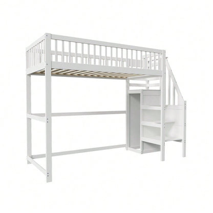 Hochbett 90x200 mit Treppe, weißes Kinderbett aus Holz mit Aufbewahrungsregal, einfacher Kleiderschrank