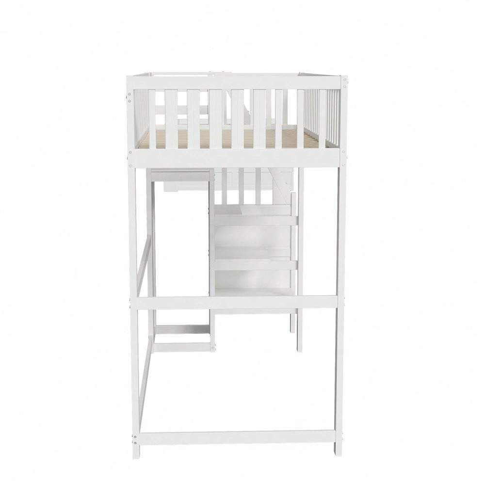 Hochbett 90x200 mit Treppe, weißes Kinderbett aus Holz mit Aufbewahrungsregal, einfacher Kleiderschrank