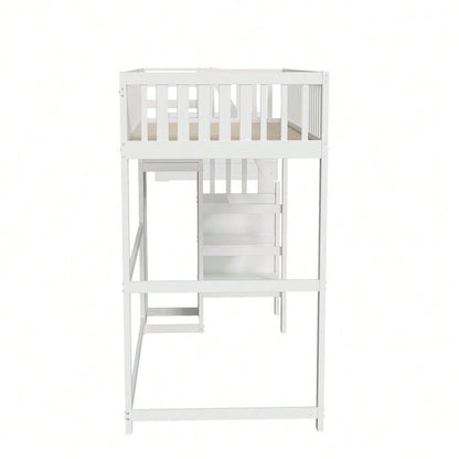 Hochbett 90x200 mit Treppe, weißes Kinderbett aus Holz mit Aufbewahrungsregal, einfacher Kleiderschrank