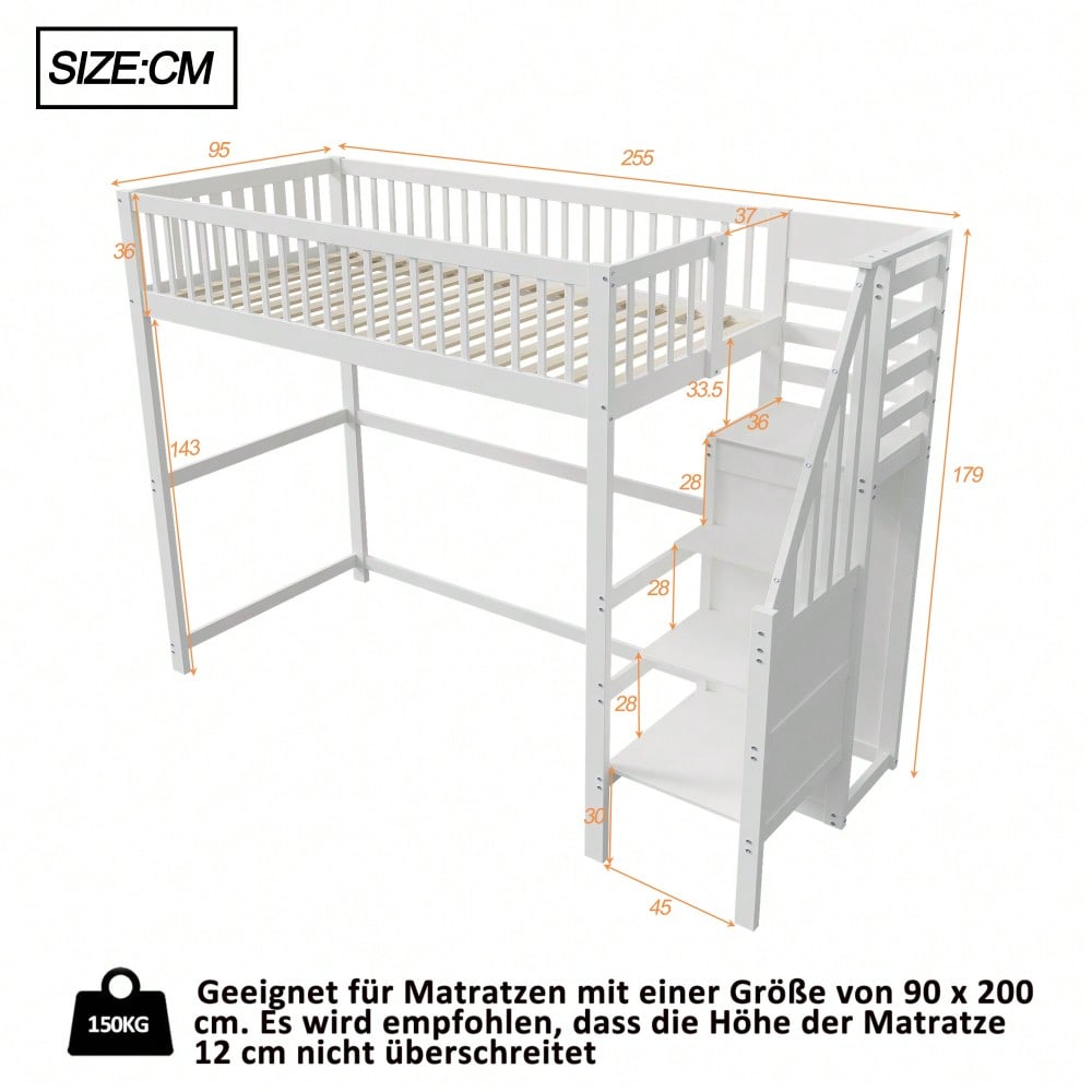 Hochbett 90x200 mit Treppe, weißes Kinderbett aus Holz mit Aufbewahrungsregal, einfacher Kleiderschrank