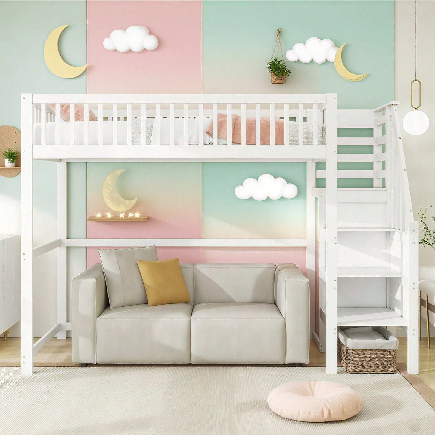 Hochbett 90x200 mit Treppe, weißes Kinderbett aus Holz mit Aufbewahrungsregal, einfacher Kleiderschrank