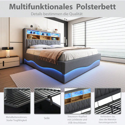 Polsterbett 180×200  mit hydraulischem Stauraum APP-gesteuertes LED-Lichtband USB-Ladeanschluss Metall-Lattenrost Leinenpolsterung Grau.