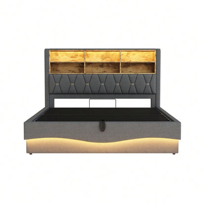 Polsterbett 180×200  mit hydraulischem Stauraum APP-gesteuertes LED-Lichtband USB-Ladeanschluss Metall-Lattenrost Leinenpolsterung Grau.