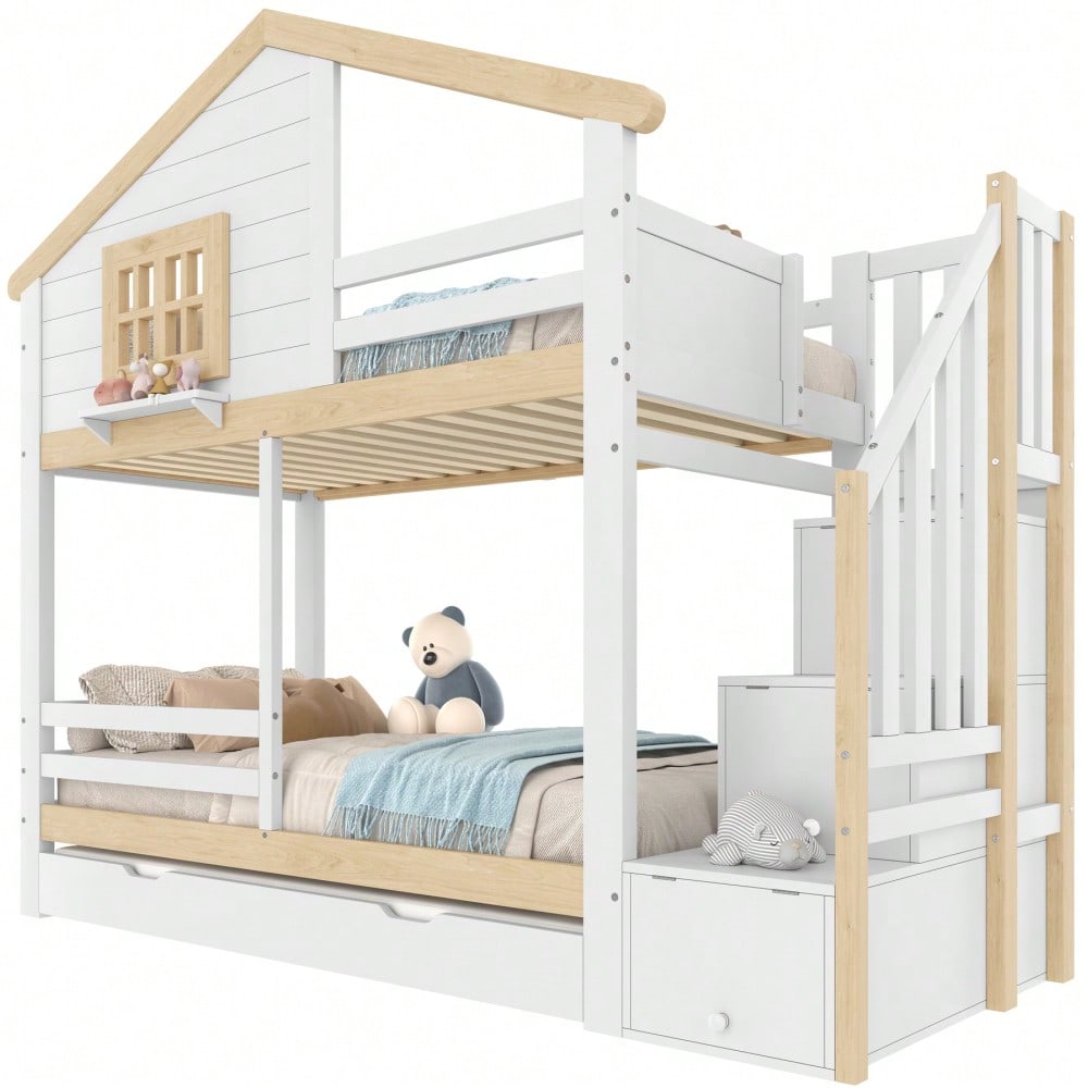 Etagenbett, 90x200cm, Bettgitter,Ausziehbares Bett, Stauraumleiter, Fenster, Hausleiste, Weiß + Natur