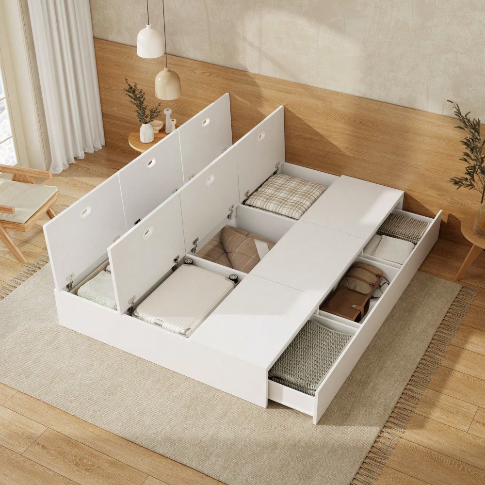 Stauraumbett 140 x 200 cm,Palettenbett, Doppelbett, Funktionsbett, Massivholzbett, mit Stauraumbox unter dem Bett, mit Schubladen, mit Stauraum, ohne Matratze, weiß