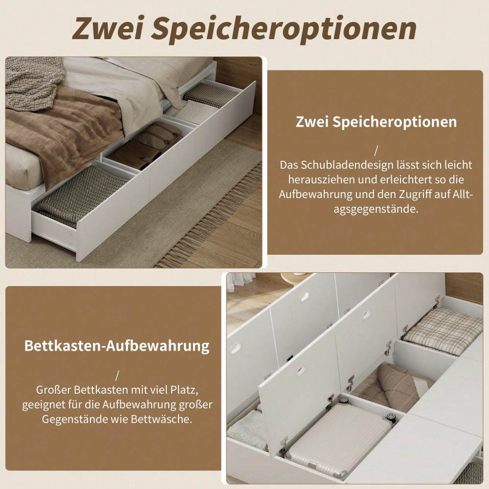 Stauraumbett 140 x 200 cm,Palettenbett, Doppelbett, Funktionsbett, Massivholzbett, mit Stauraumbox unter dem Bett, mit Schubladen, mit Stauraum, ohne Matratze, weiß