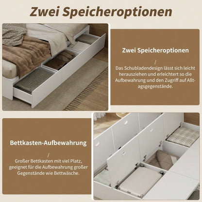 Stauraumbett 140 x 200 cm,Palettenbett, Doppelbett, Funktionsbett, Massivholzbett, mit Stauraumbox unter dem Bett, mit Schubladen, mit Stauraum, ohne Matratze, weiß