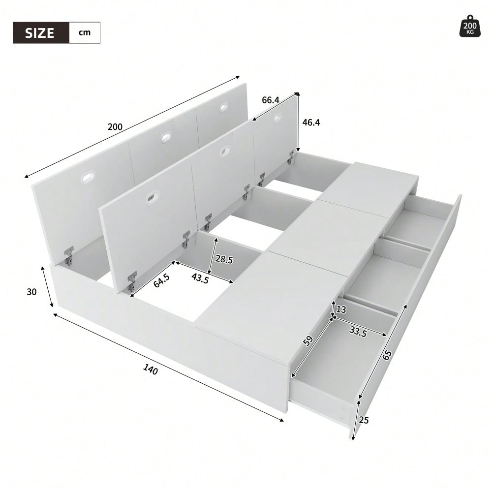 Stauraumbett 140 x 200 cm,Palettenbett, Doppelbett, Funktionsbett, Massivholzbett, mit Stauraumbox unter dem Bett, mit Schubladen, mit Stauraum, ohne Matratze, weiß