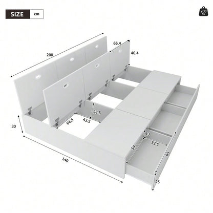 Stauraumbett 140 x 200 cm,Palettenbett, Doppelbett, Funktionsbett, Massivholzbett, mit Stauraumbox unter dem Bett, mit Schubladen, mit Stauraum, ohne Matratze, weiß