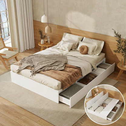 Stauraumbett 140 x 200 cm,Palettenbett, Doppelbett, Funktionsbett, Massivholzbett, mit Stauraumbox unter dem Bett, mit Schubladen, mit Stauraum, ohne Matratze, weiß