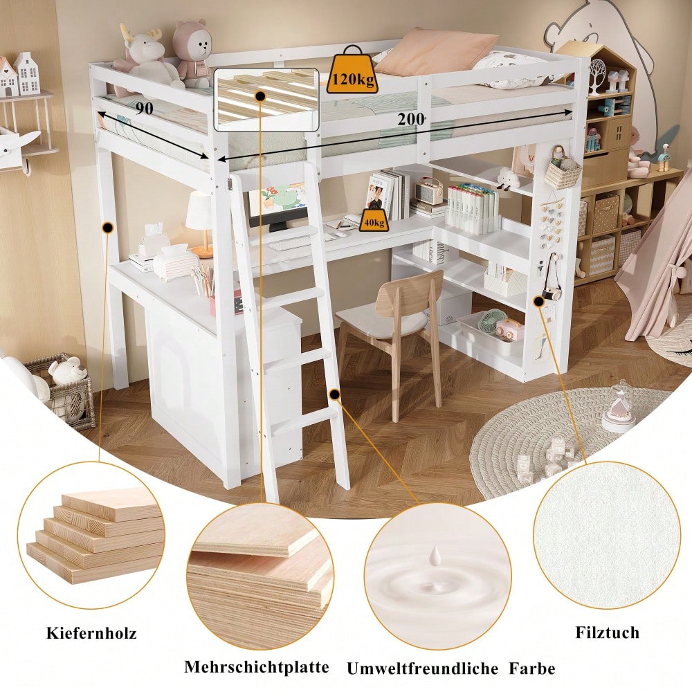 Hochbett, Kinderbett, Praktisches Ablageregal, Sicherheitsgeländer, Filztuch zum Aufhängen von Gegenständen, Stabile Schrägleiter, Kiefer + Spanplatte + Sperrholz, Weiß, 90x200cm