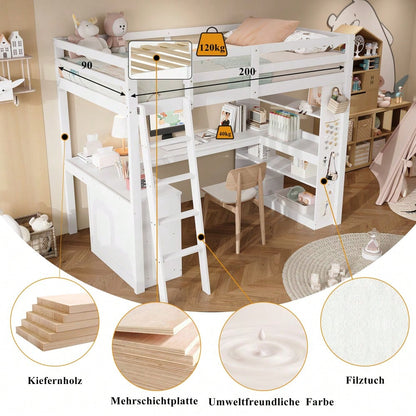 Hochbett, Kinderbett, Praktisches Ablageregal, Sicherheitsgeländer, Filztuch zum Aufhängen von Gegenständen, Stabile Schrägleiter, Kiefer + Spanplatte + Sperrholz, Weiß, 90x200cm