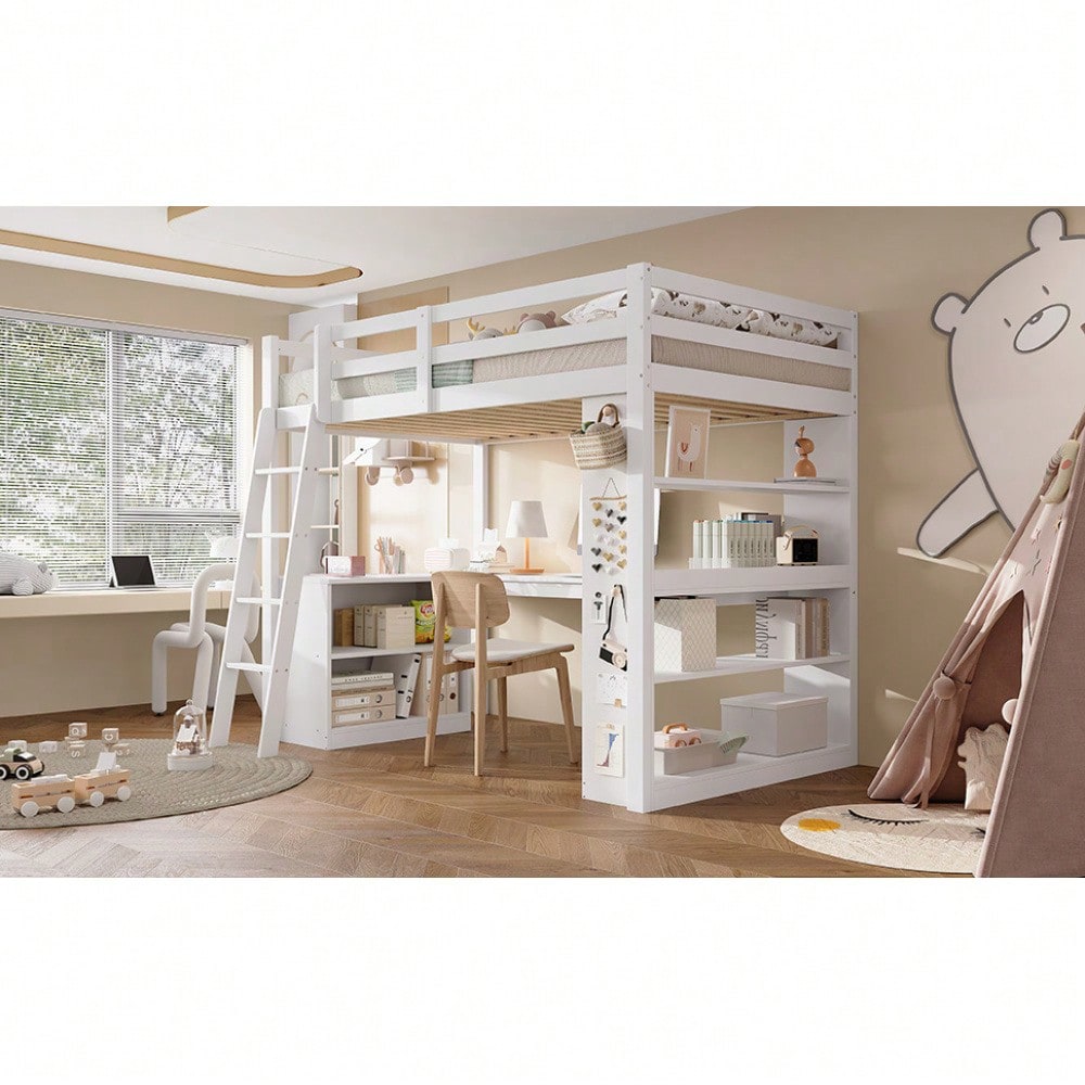 Hochbett, Kinderbett, Praktisches Ablageregal, Sicherheitsgeländer, Filztuch zum Aufhängen von Gegenständen, Stabile Schrägleiter, Kiefer + Spanplatte + Sperrholz, Weiß, 90x200cm